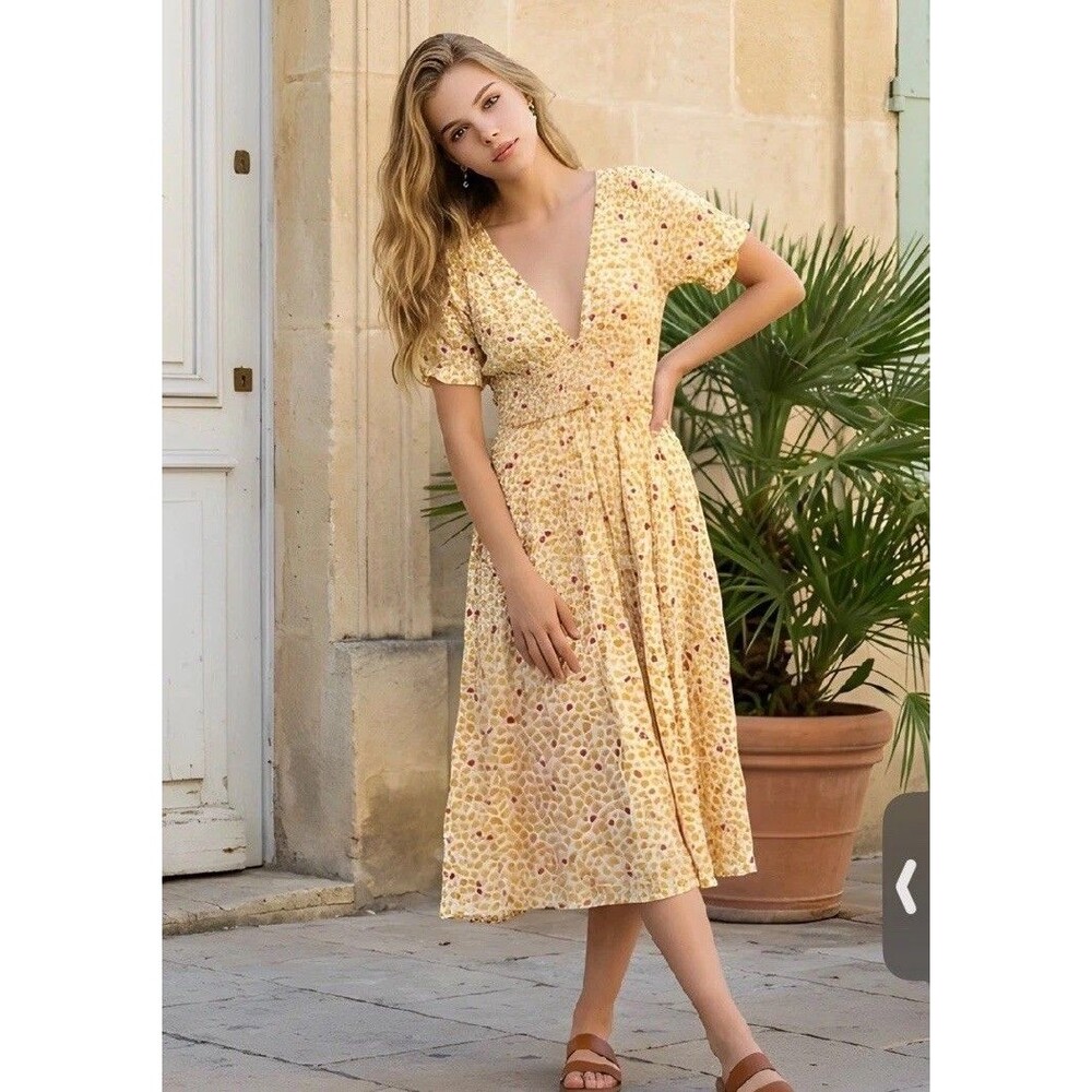 Free People Midi Dress XS Yellow Floral V Neck Smocked Flowy Viscose Cottagecore